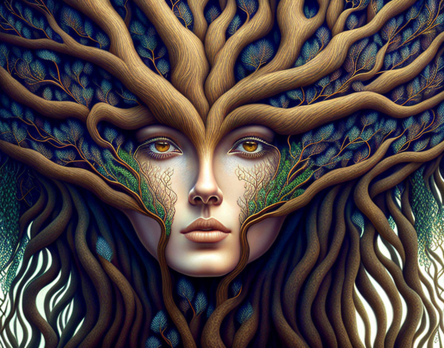 Illustration of woman with tree branches and roots in hair, surrounded by leaves and vines