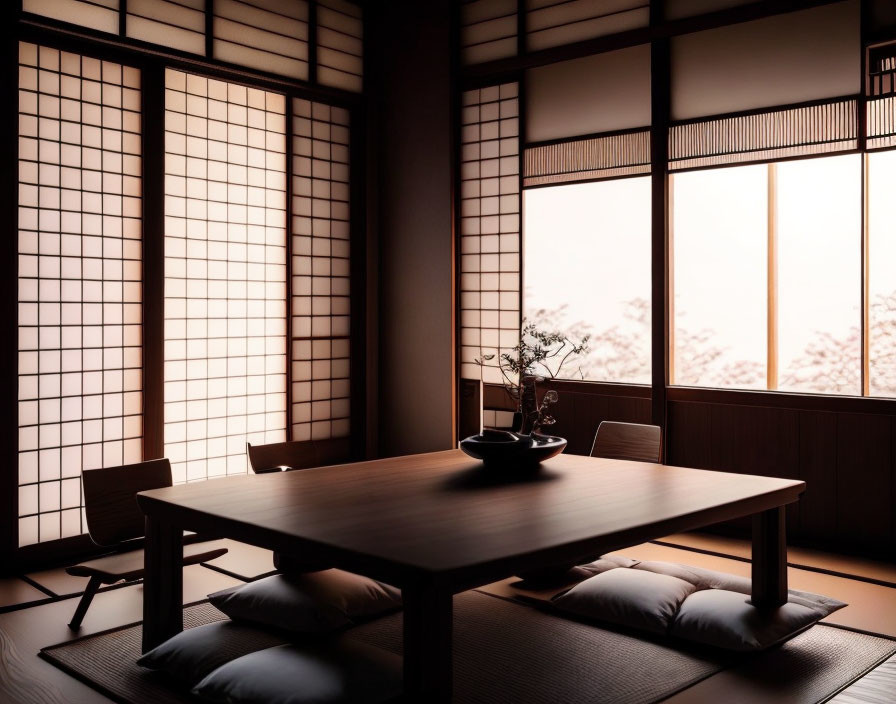 Japanese-style Room with Tatami Flooring, Shoji Screen Doors, Wooden Table, Floor Cushions,