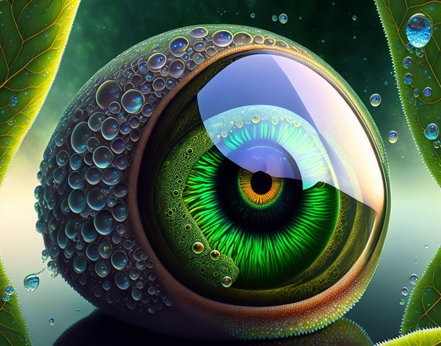 Digital Artwork: Snail with Green Eye Shell & Dewy Leaves