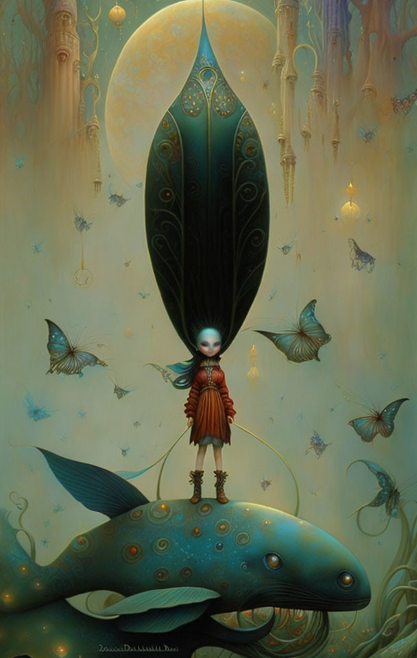 Child-like figure on giant fish surrounded by butterflies and moons