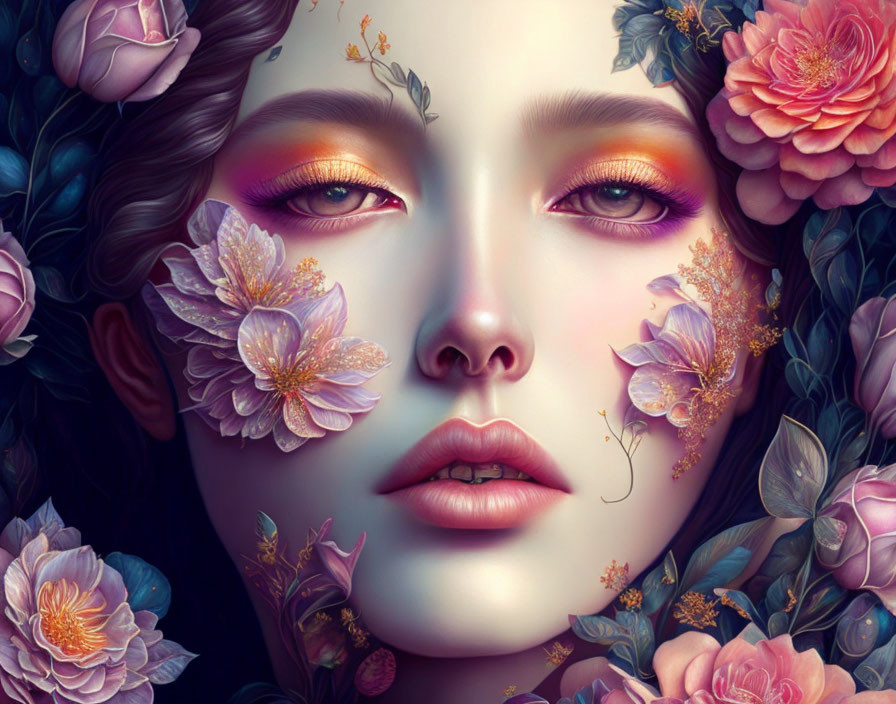 Detailed illustration of woman's face with vibrant floral elements intertwined in hair and skin.