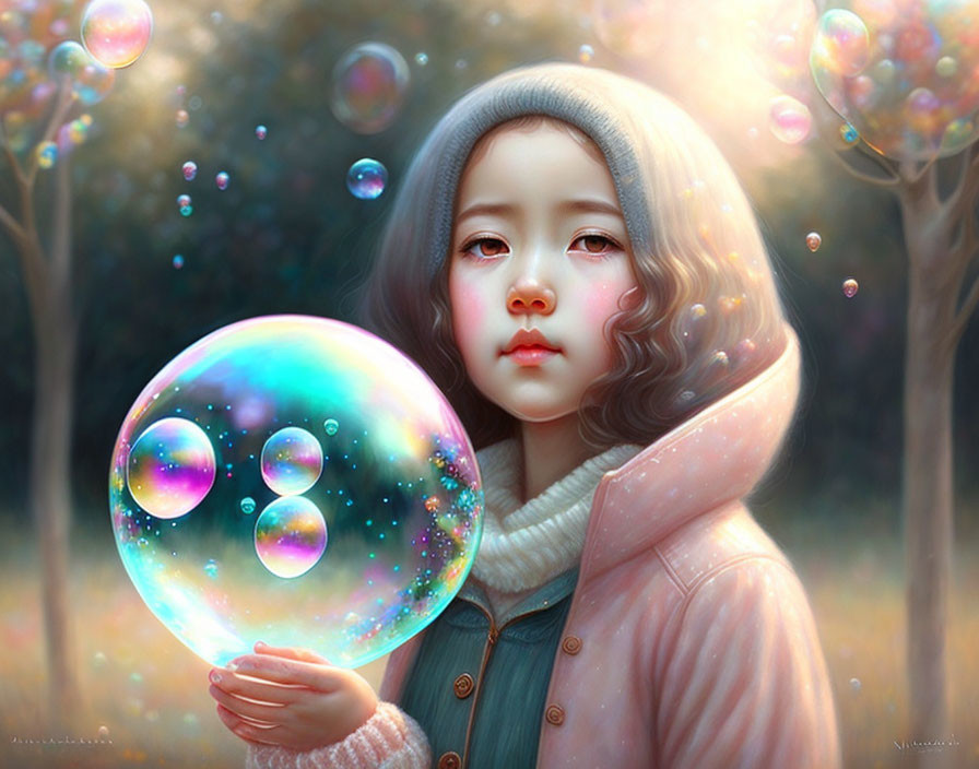 Girl in Soft Pink Coat Gazing at Glowing Bubbles in Enchanting Forest