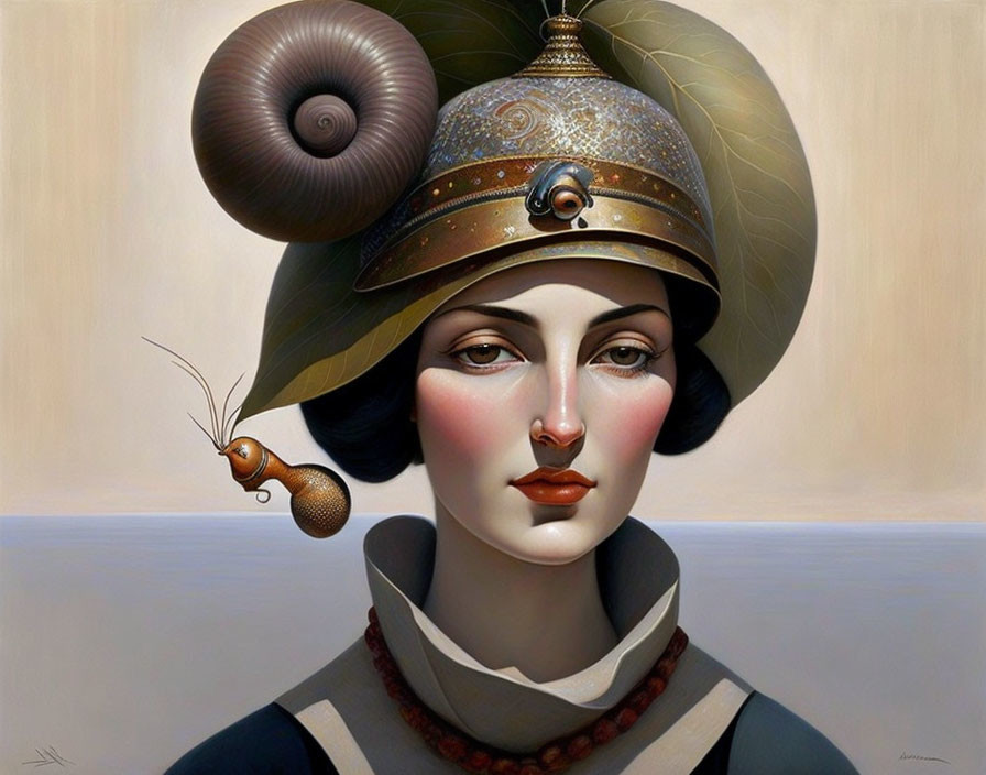 Surreal portrait of woman with snail shell helmet and live snail