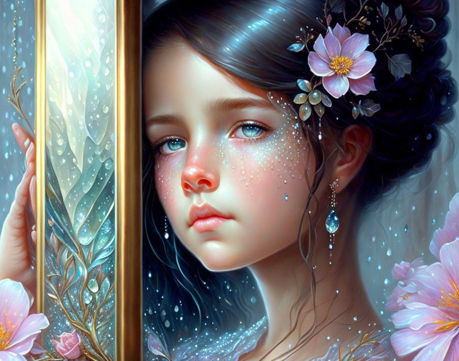 Digital art: Young girl with tears, mirror, pink flowers, dewdrops