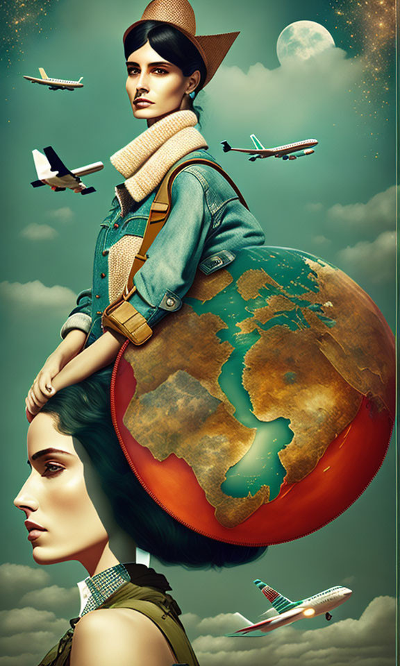 Illustration of women's heads merged with Earth and airplanes in cloudy sky