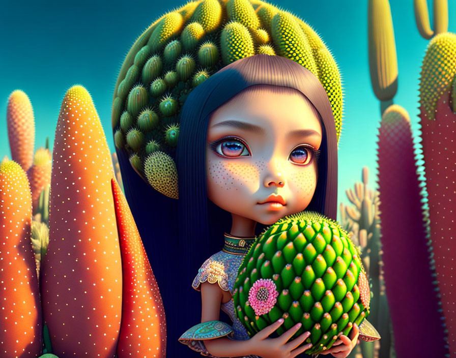 Illustration of girl with expressive eyes holding cactus in vibrant desert scene