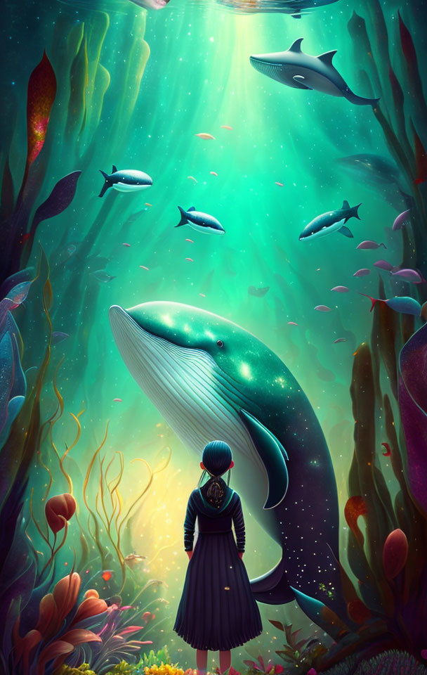 Person underwater with giant whales, fish, and vibrant flora illuminated by light beams