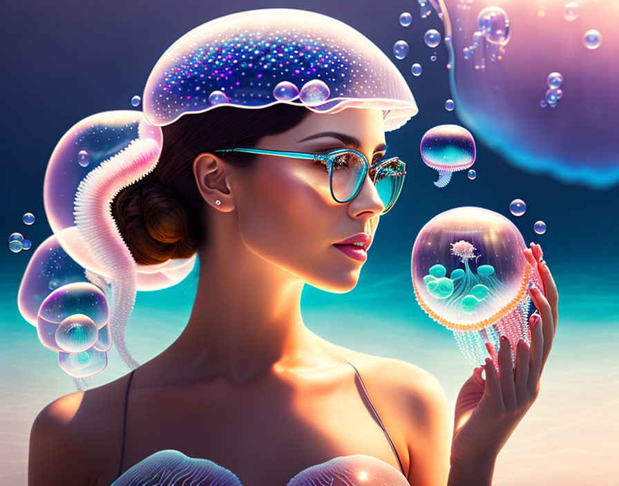 Woman with Glasses Surrounded by Glowing Jellyfish-Like Bubbles and Miniature Aquatic Scenes