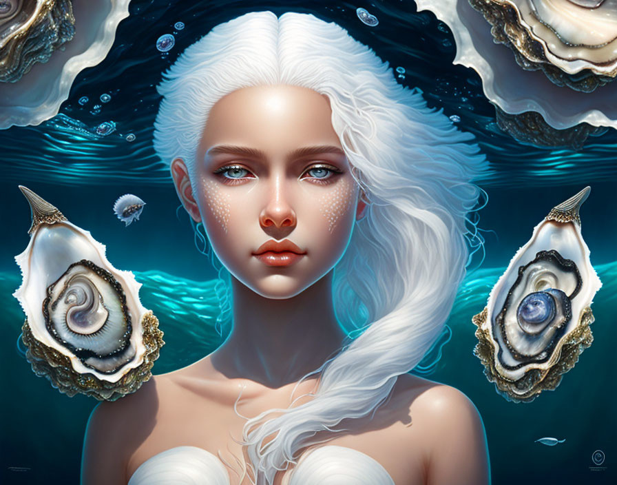 Digital Artwork: Woman with White Hair and Pearlescent Skin Surrounded by Oysters in Water