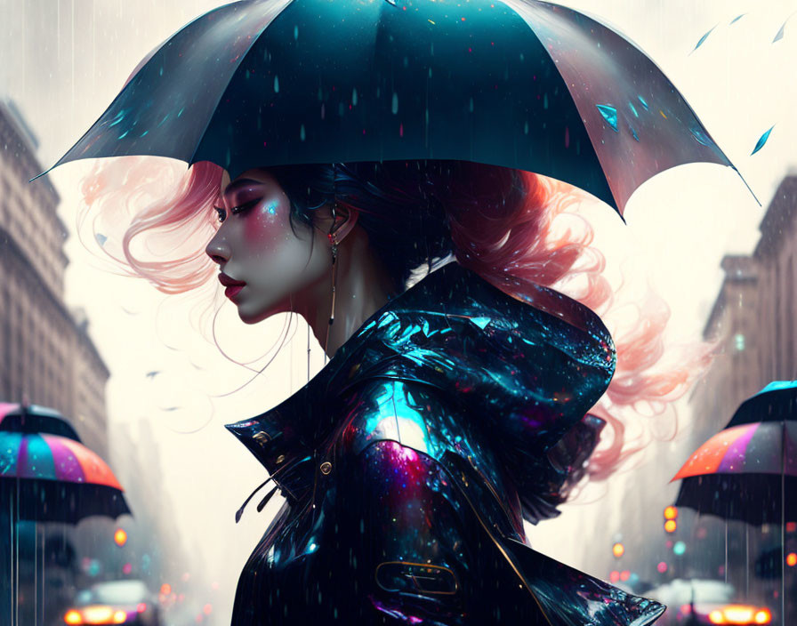 Stylized illustration of woman with pink hair under black umbrella