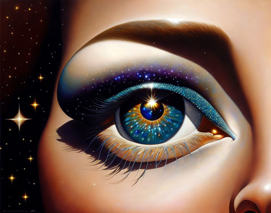 Surreal human eye art with starry night reflection