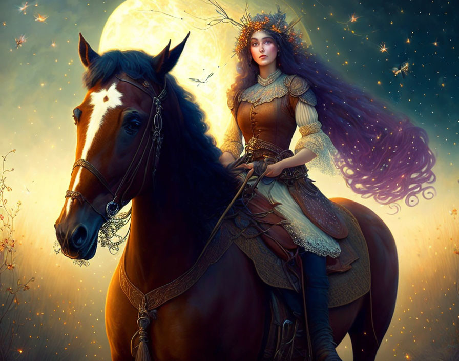 Mystical woman in ornate medieval attire riding majestic horse under full moon