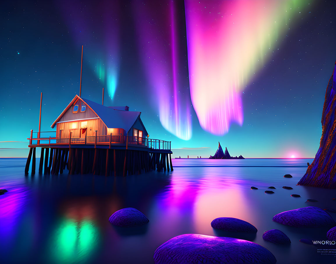 Stilt house by the sea under aurora-filled night sky