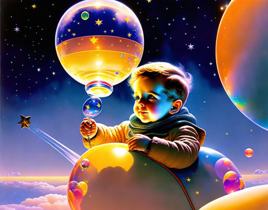 Colorful Toddler Playing with Giant Bubbles Under Starry Sky