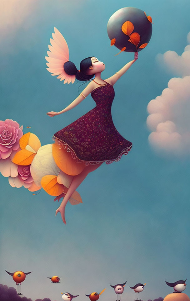 Illustration of woman with wings reaching for fish balloon among floating flowers and birds