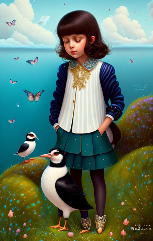 Illustration of young girl in blue and white outfit surrounded by puffins and butterflies