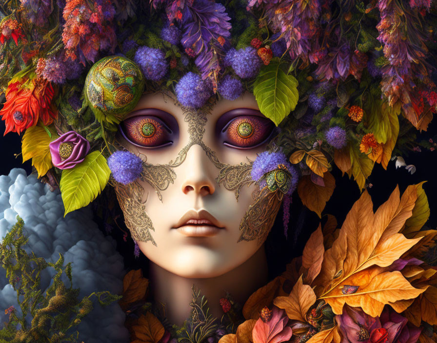 Detailed digital artwork: person with floral headdress & masquerade mask