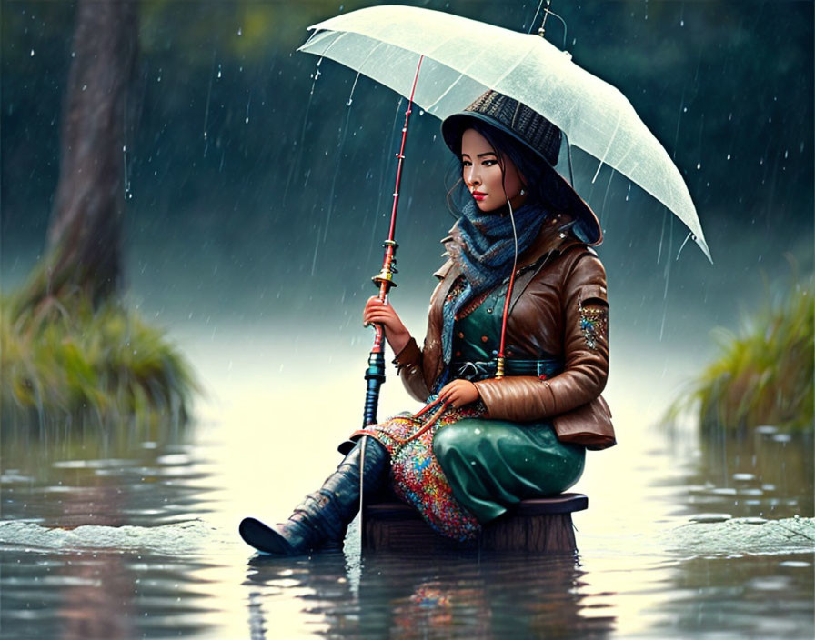 Woman sitting serenely in rain with umbrella on submerged platform