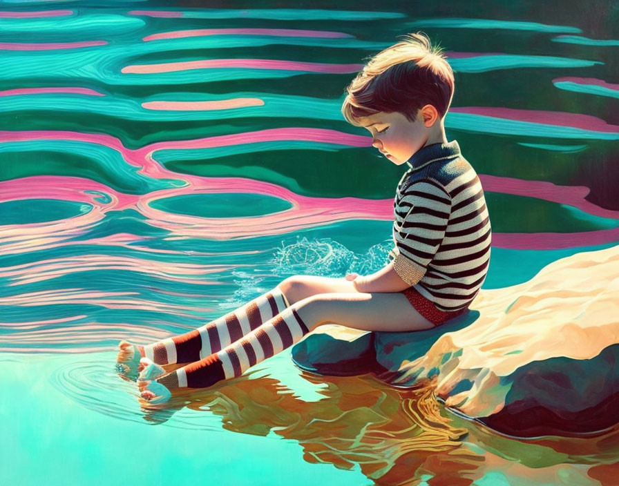 Child Sitting on Rock Dips Feet in Water with Vibrant Watercolor Background