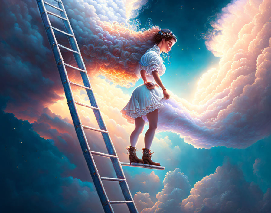 Surreal artwork of woman on ladder in dreamy clouds