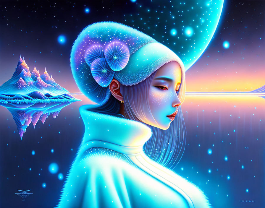 Digital artwork: Woman with ethereal glow and futuristic attire against stylized mountain and starry sky