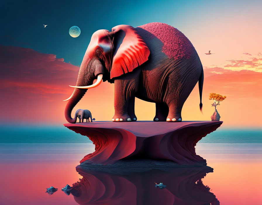 Adult and calf elephant on floating rock island at surreal sunset with birds, lone tree, and distant moon