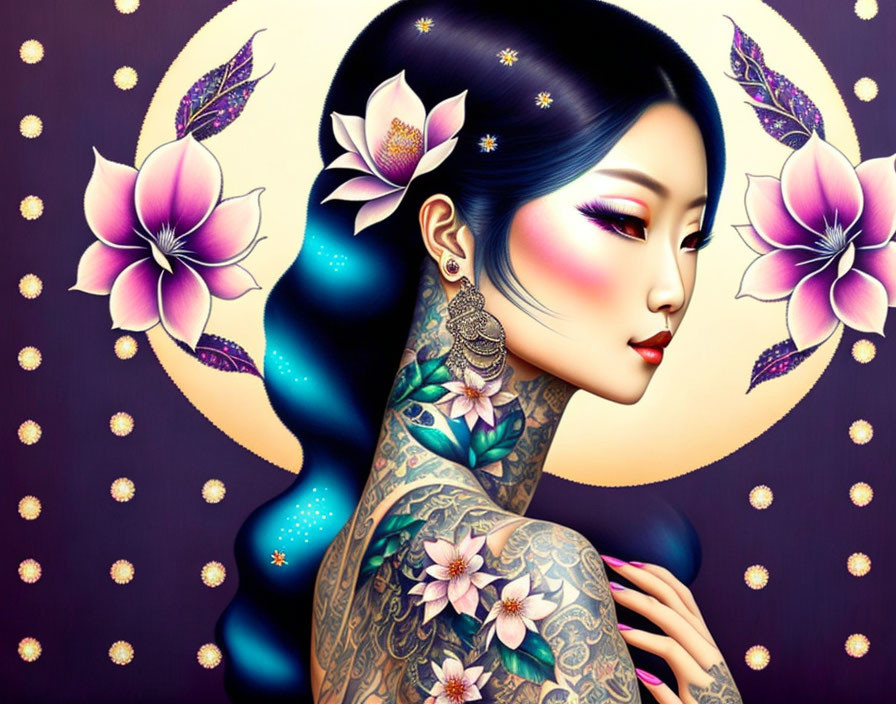 Illustrated woman with blue hair and floral sleeve tattoos on purple background with moon and stars