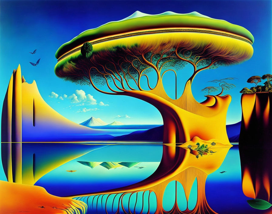 Surreal landscape with tree-like structure, water reflection, peaks, and sky