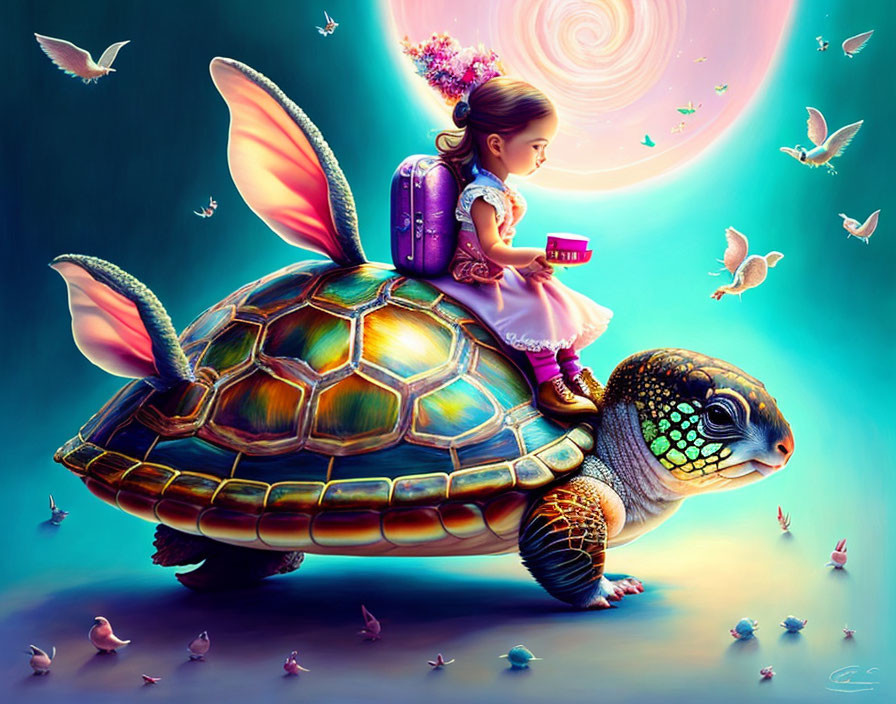 Young girl with backpack on giant turtle in whimsical scene