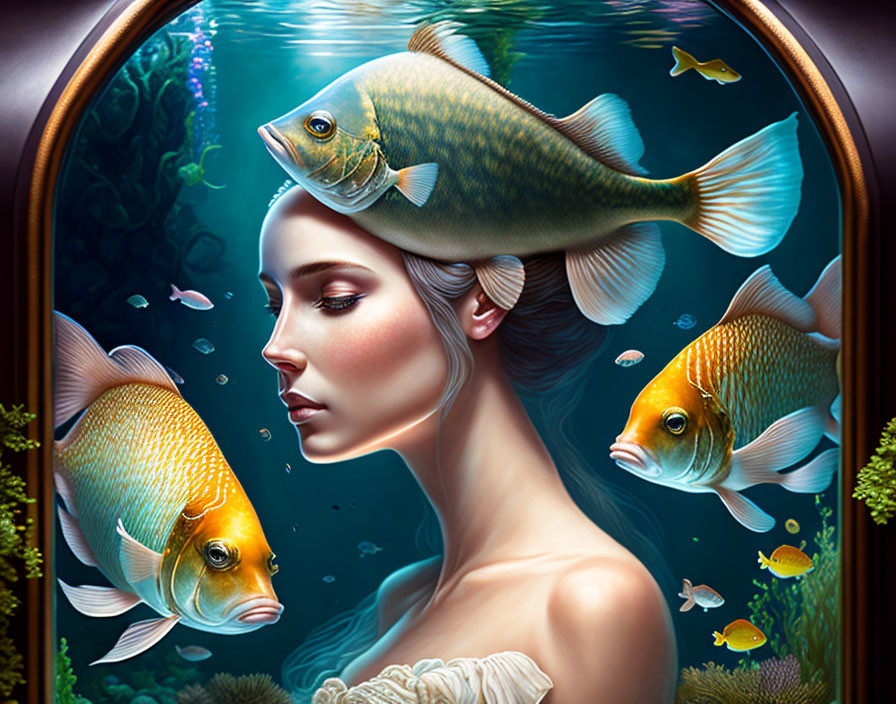 Surreal portrait of woman in water with vibrant fish in framed ecosystem