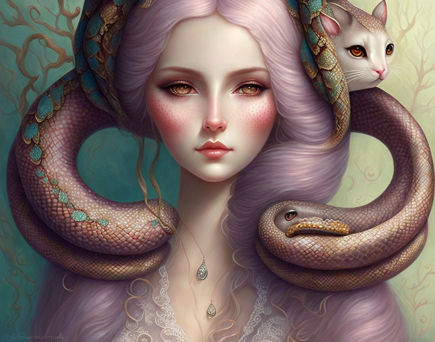 Fantasy illustration of woman with purple hair, golden eyes, cat, and snake.