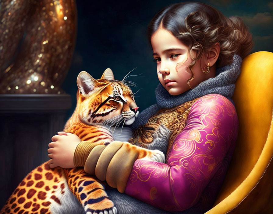 Curly-Haired Girl Hugs Ocelot on Yellow Pillow in Moody Setting