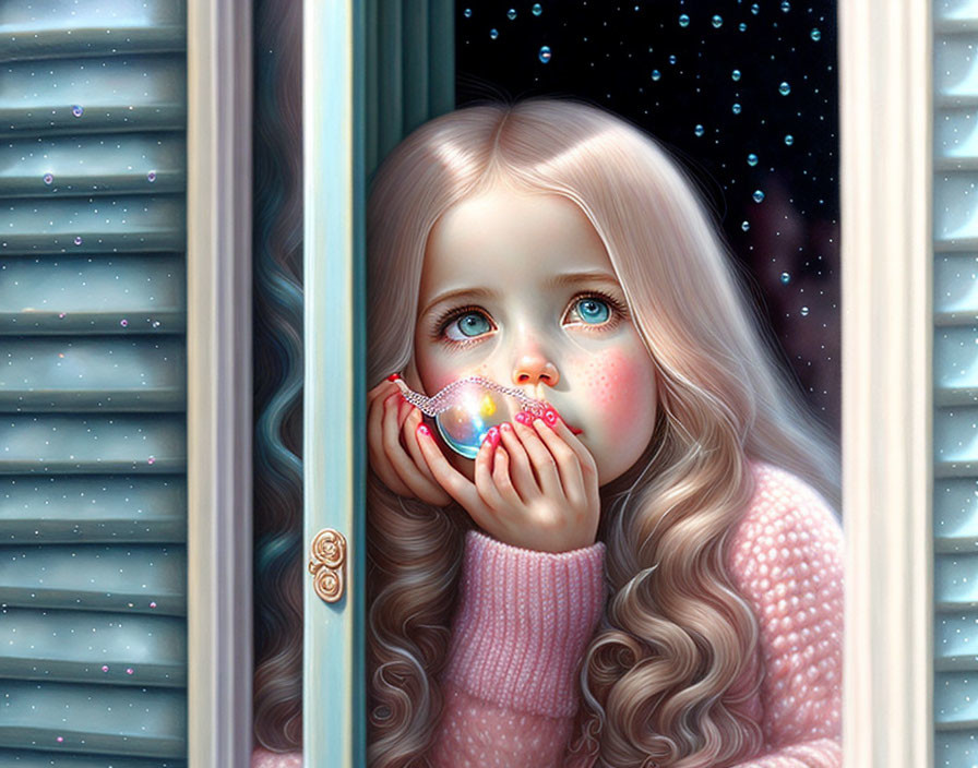 Young girl with large blue eyes and long wavy hair looking out window at snowflakes