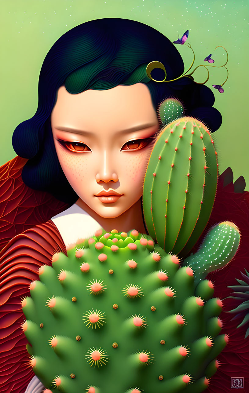 Illustration of person with green leaf hair holding cactus on gradient background.