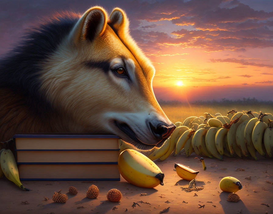 Anthropomorphic dog head with bananas and sunrise background