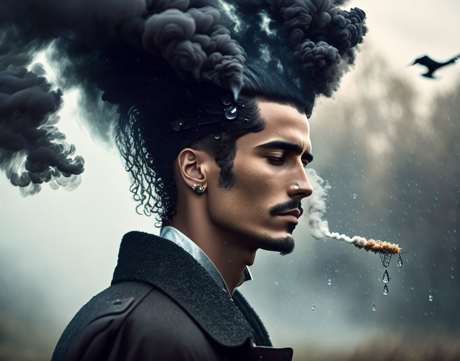 Stylized man with smoking hair in misty background with bird and falling droplets