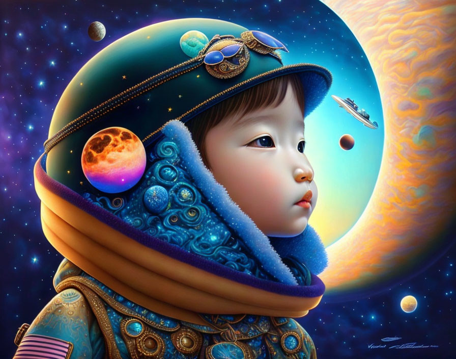 Detailed Astronaut Helmet on Child Against Cosmic Backdrop