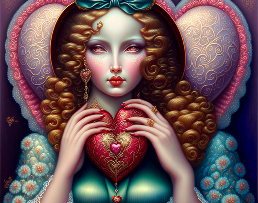 Curly-haired woman holding heart in ornate design with butterfly