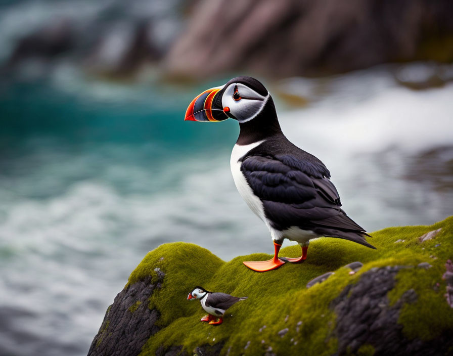 Puffins on mossy cliff with blurred ocean backdrop