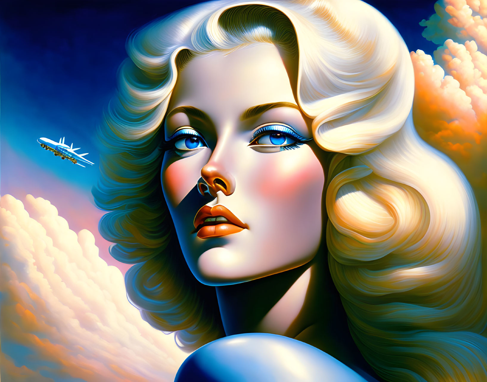 Blonde woman with blue eyes in retro art style with plane and clouds