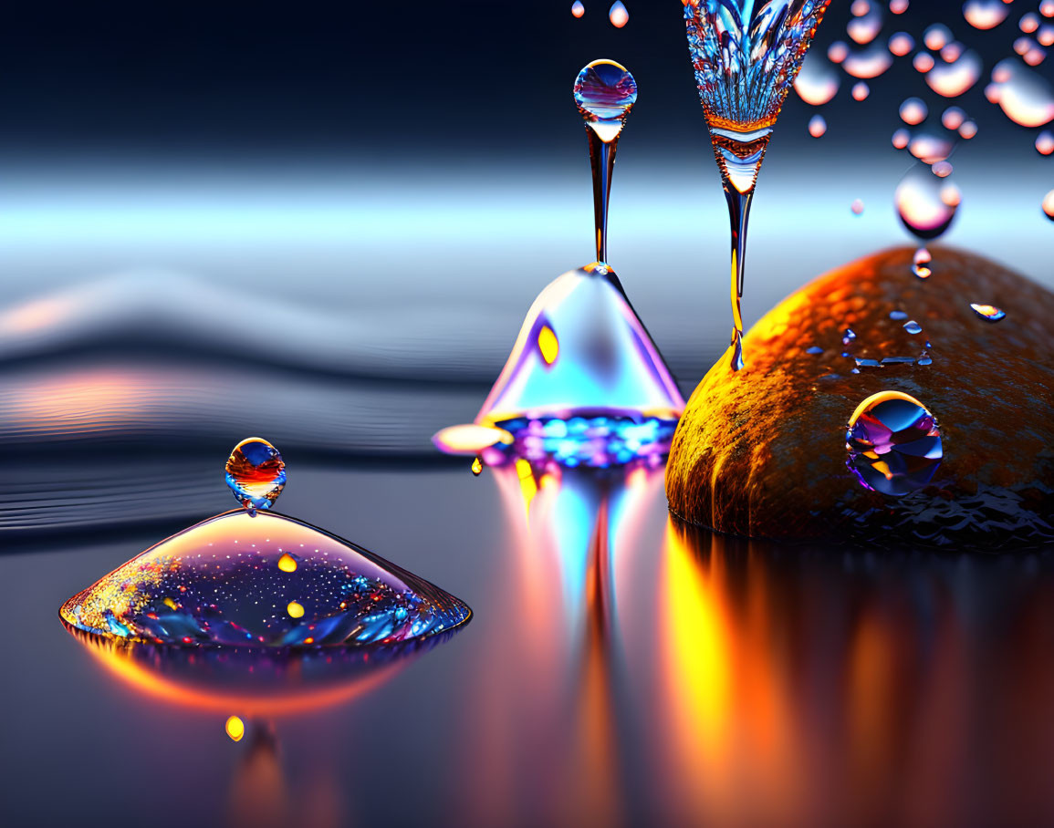 Colorful 3D Water Droplets on Reflective Surface with Bokeh Lights