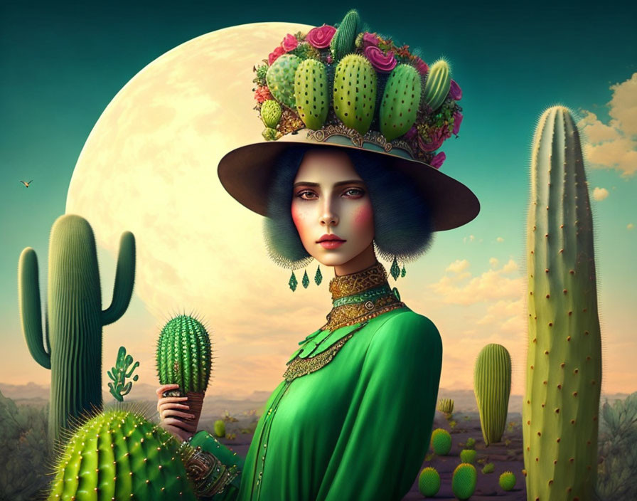 Illustrated woman in green dress and cactus hat, desert landscape with moon.