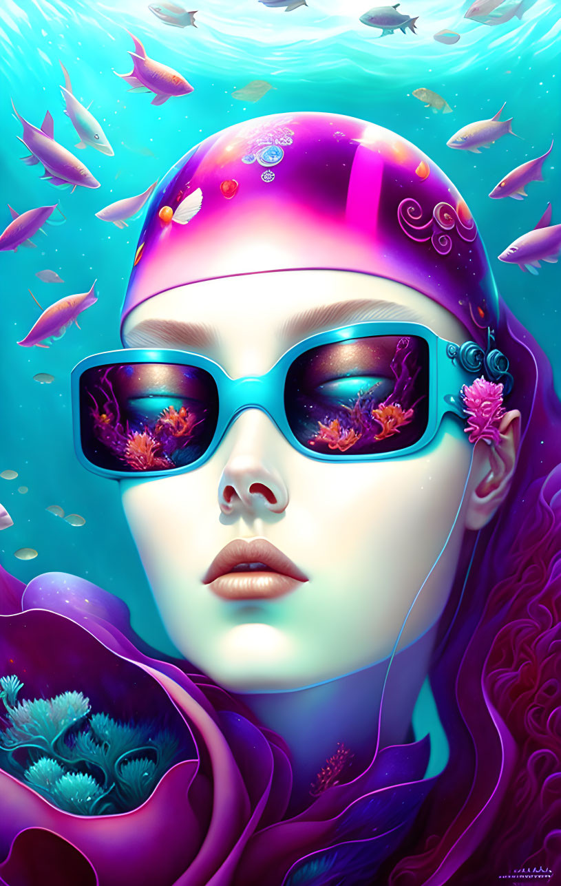 Vibrant underwater illustration with person, fish, and coral