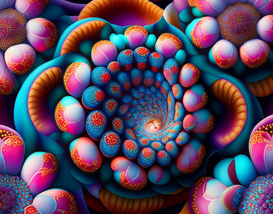 Colorful fractal art with swirling patterns and spherical shapes in blue, orange, and pink.