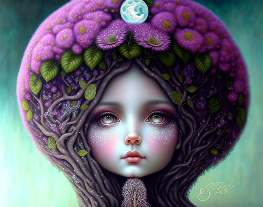 Surreal portrait featuring girl with tree-like hair and moon on green background