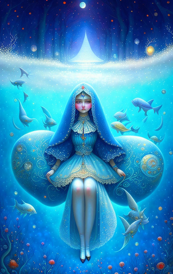 Mystical artwork of woman in blue attire with fish in luminous underwater setting