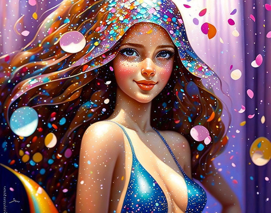 Digital illustration of woman with sparkling hair in blue dress surrounded by bubbles and confetti