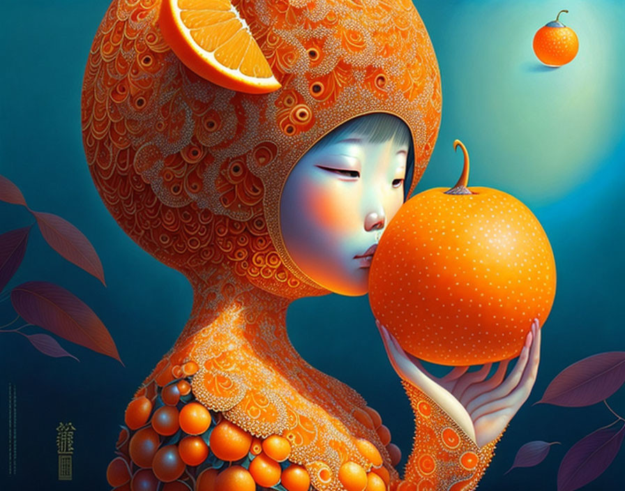 Whimsical orange-themed figure with serene expression and floating oranges