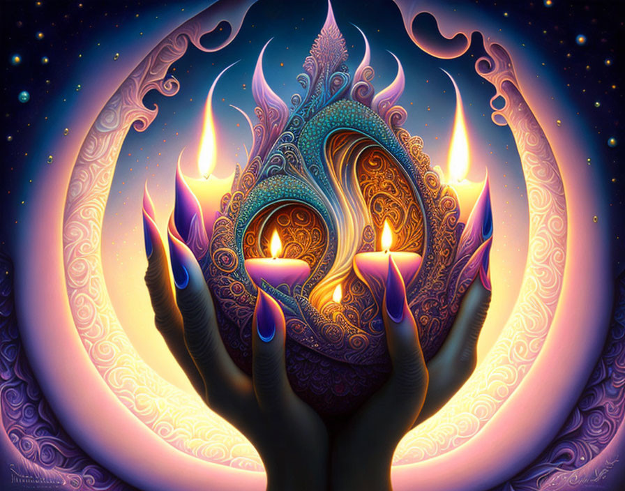 Colorful Artwork: Ornate hands holding flame merge with peacock feather against starry backdrop