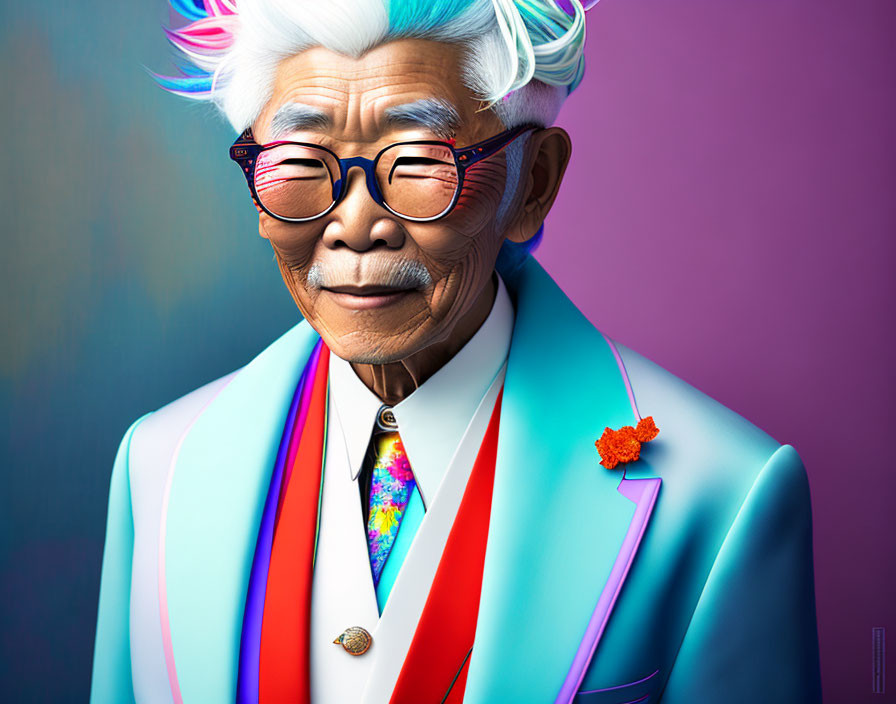 Elderly man with white hair in red glasses and pastel blue suit